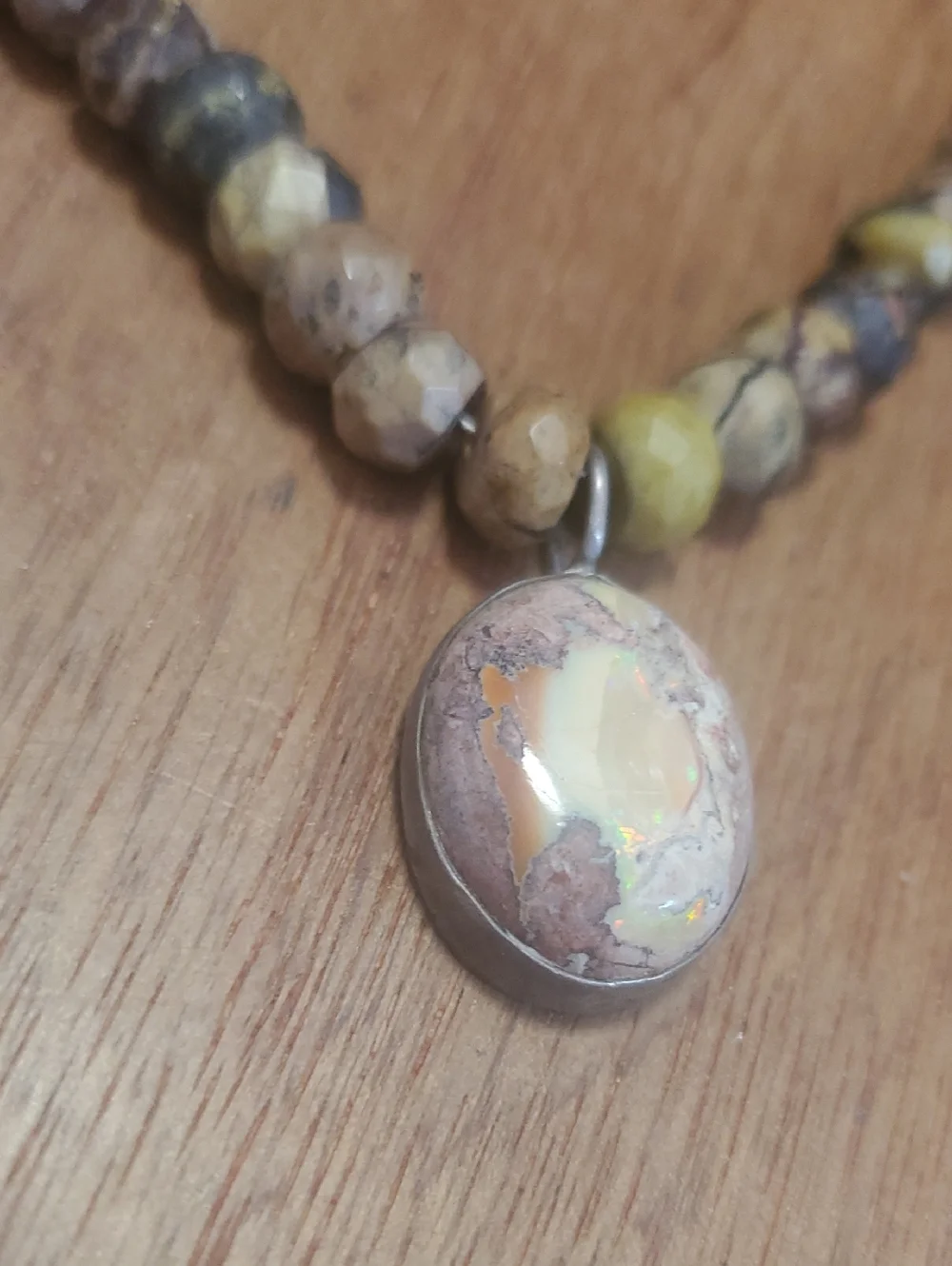 Beaded Opal Pendant Necklace in Neutral Tones - D